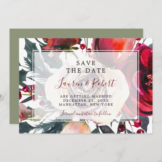 冬のベリー日付カードの招待状を保存 セーブザデート (正面/裏面)