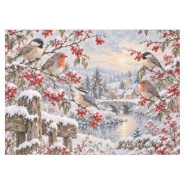 冬のベリー 雪の村の鳥のイラスト テーブルクロス