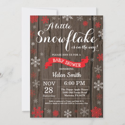 冬のベ素朴ビーシャワー赤白の雪片 招待状 (正面)