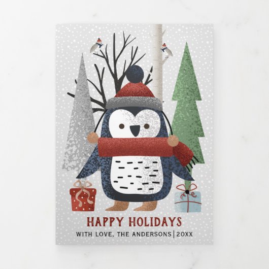 冬のペンギンと木のクリスマスフォト数々のー 三つ折りクリスマスカード (カバー)