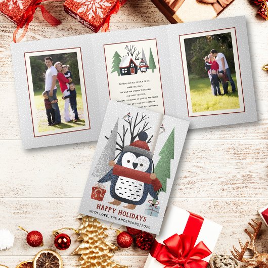 冬のペンギンと木のクリスマスフォト数々のー 三つ折りクリスマスカード