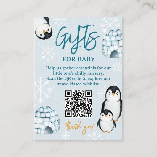 冬のペンギンのイクロースおむつラッフルベビーシャワー エンクロージャーカード (正面)