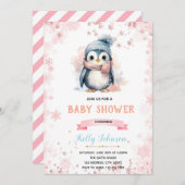 冬のペンギンの女の子シャワー誕生日の招待 招待状 (正面/裏面)
