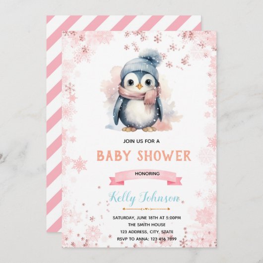 冬のペンギンの女の子シャワー誕生日の招待 招待状 (正面/裏面)