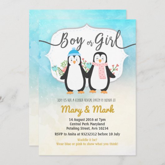 冬のペンギンの性はパーティーを明らかにします 招待状 (正面/裏面)