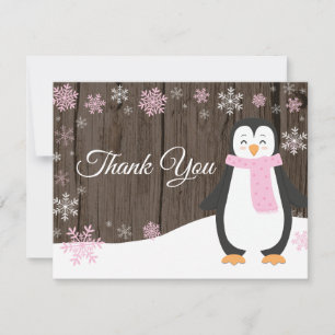 冬のペンギンの雪片のピンクのサンキューカード サンキューカード