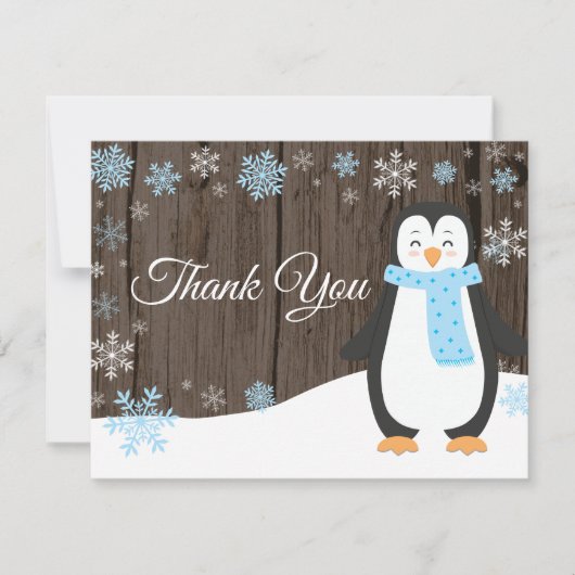 冬のペンギンの雪片の青のサンキューカード サンキューカード (正面)