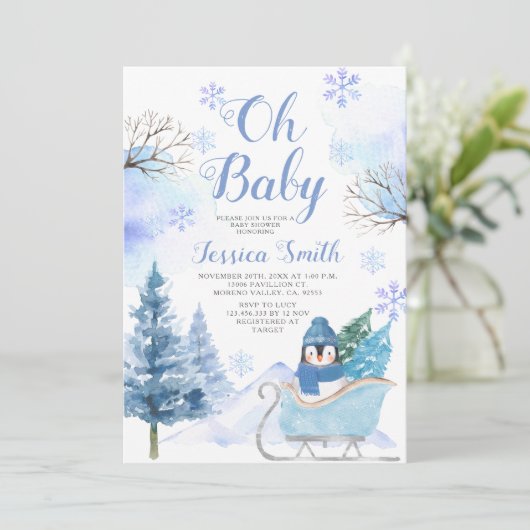 冬のペンギン北極動物山の赤ちゃんシャワー 招待状 (スタンド正面)