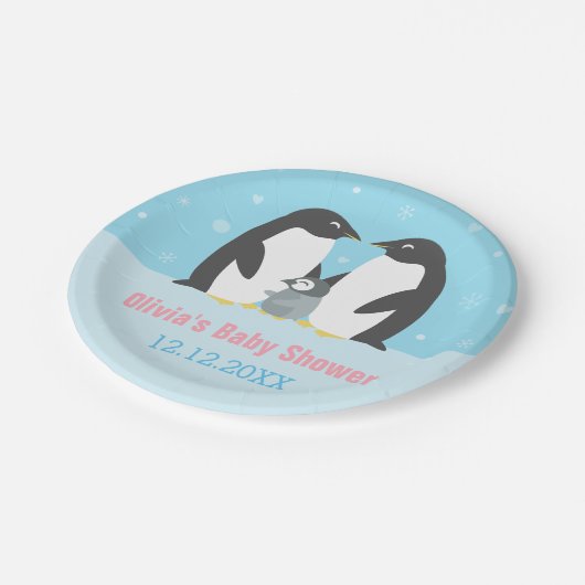冬のペンギン家族のベビーシャワーの供給 ペーパープレート (アングル)
