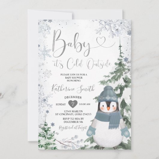 冬のペンギン赤ちゃんシャワー森の雪の結晶 招待状 (正面)