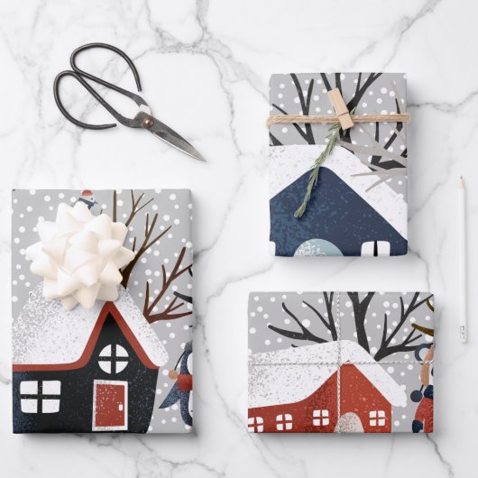 冬のペンギン鹿とパンダの雪の結晶クリスマス ラッピングペーパーシート (正面)