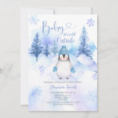 冬のペンギン スノーフレーク シルバー ブルー ベビーシャワー 招待状 (正面)