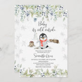 冬のペンギン ベビーシャワー 招待状 (正面/裏面)