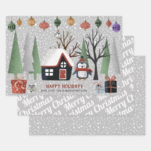 冬のペンギン、メリークリスマスと雪片 ラッピングペーパーシート (セット)