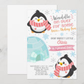 冬のペンギン 女の子の誕生日招待状 招待状 (正面/裏面)