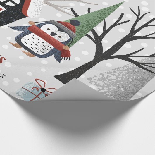 冬のペンギン、木と家クリスマスの休日 ラッピングペーパー (角)