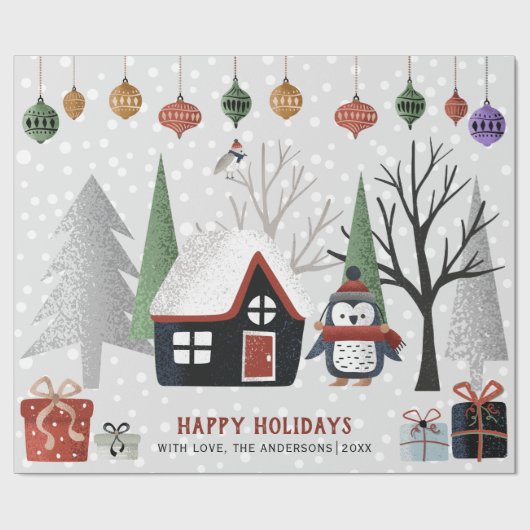 冬のペンギン、木と家クリスマスの休日 ラッピングペーパー (フラット)