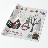 冬のペンギン、木と家クリスマスの休日 ラッピングペーパー (アンロールド)