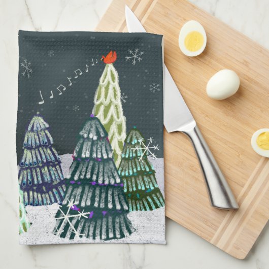 冬のホッキョクグマと（鳥）ショウジョウコウカンチョウキッチンティータオル キッチンタオル (四つ折り)