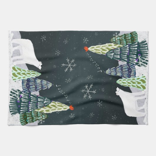 冬のホッキョクグマと（鳥）ショウジョウコウカンチョウキッチンティータオル キッチンタオル (横)