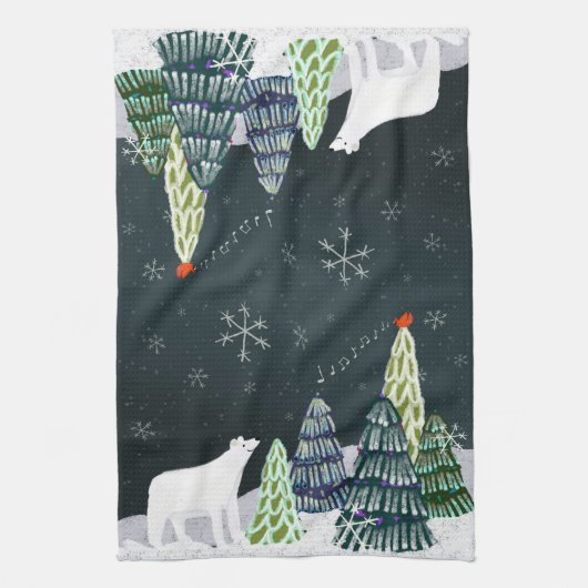 冬のホッキョクグマと（鳥）ショウジョウコウカンチョウキッチンティータオル キッチンタオル (縦)