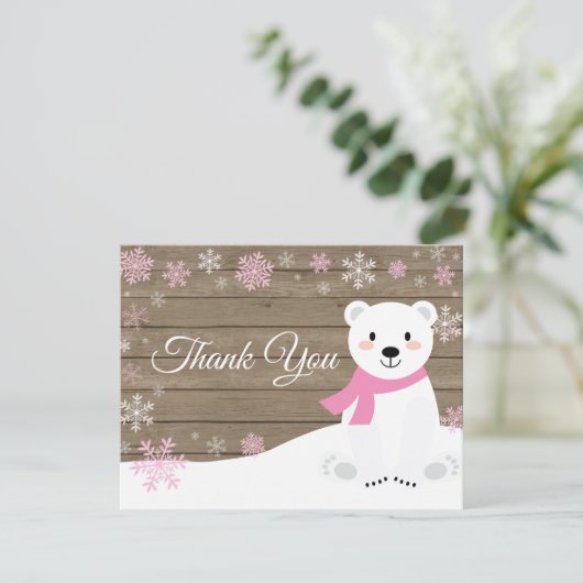 冬のホッキョクグマのスノーフレークピンクサンキューカード サンキューカード (スタンド正面)