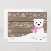 冬のホッキョクグマのスノーフレークピンクサンキューカード サンキューカード (正面/裏面)