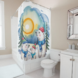 冬のホッキョクグマの家族のクリスマス シャワーカーテン