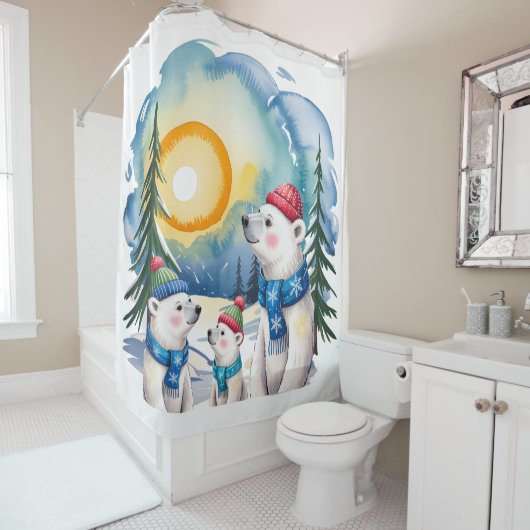 冬のホッキョクグマの家族のクリスマス シャワーカーテン (インサイチュ)