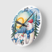 冬のホッキョクグマの家族のクリスマス ラウンド壁時計 (傾斜)