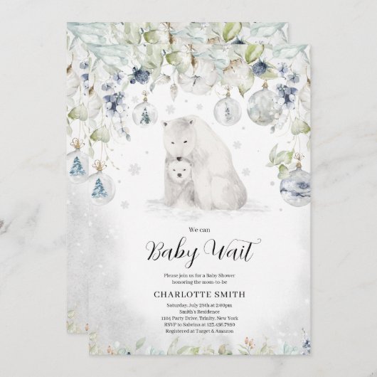 冬のホッキョクグマの赤ちゃんシャワー 招待状 (正面/裏面)
