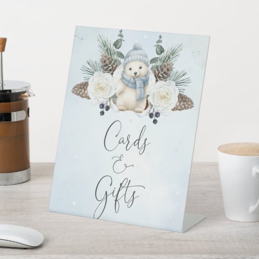 冬のホッキョクグマ男の子のシャワーカードとギフト 台座サイン (インサイチュ)