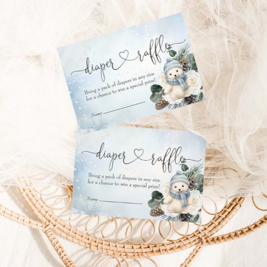 冬のホッキョクグマ男の子の赤ちゃんシャワーおむつラッフル エンクロージャーカード
