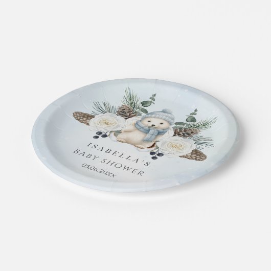 冬のホッキョクグマ男の子の赤ちゃんシャワー ペーパープレート (アングル)