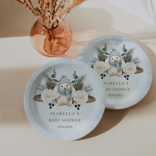 冬のホッキョクグマ男の子の赤ちゃんシャワー ペーパープレート