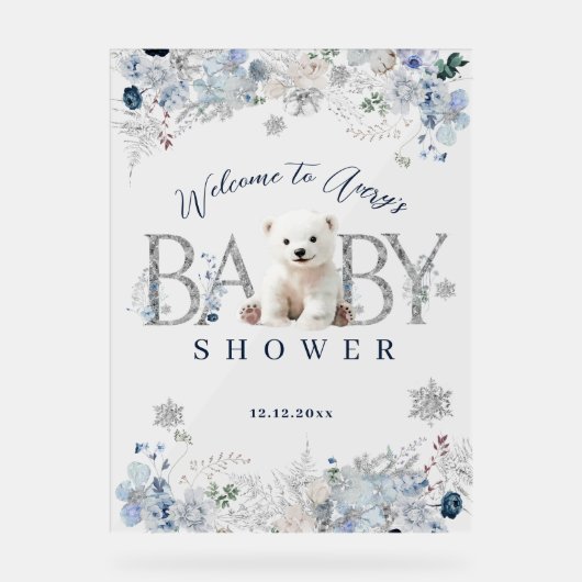 冬のホッキョクグマ男の赤ちゃんシャワーウェルカム アクリルサイン (正面)