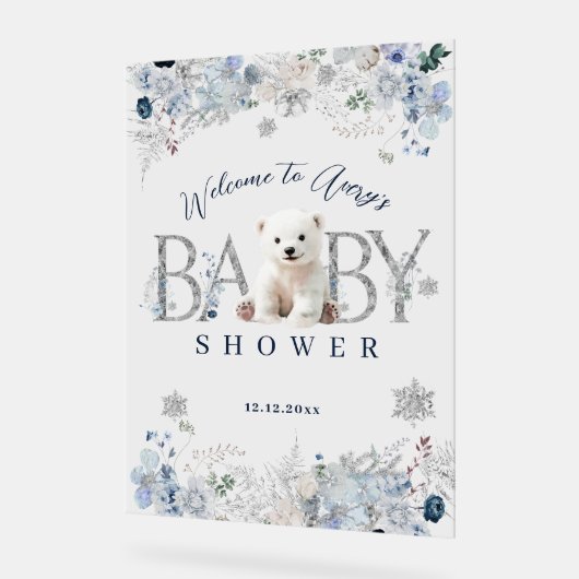 冬のホッキョクグマ男の赤ちゃんシャワーウェルカム アクリルサイン (傾斜)