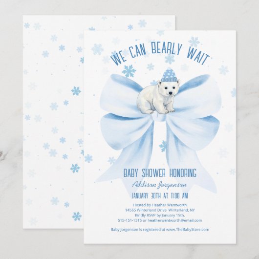 冬のホッキョクグマ ベビーシャワー We Can Bearly Wait 招待状 (正面/裏面)