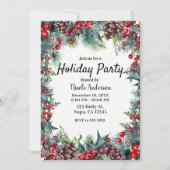 冬のホリデーパーティー クリスマスのホリーと松ぼっくり 招待状 (正面)