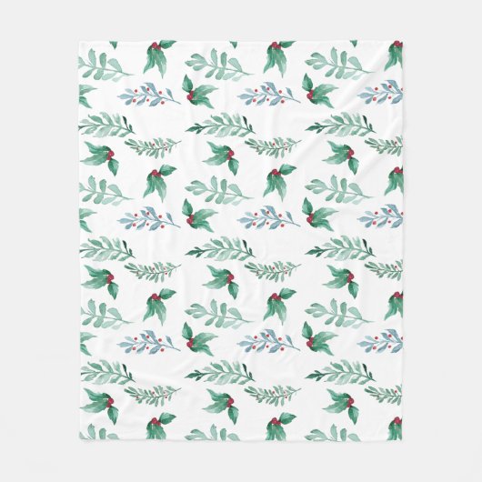 冬のホリデーホリーベリーの枝 フリースブランケット (正面)