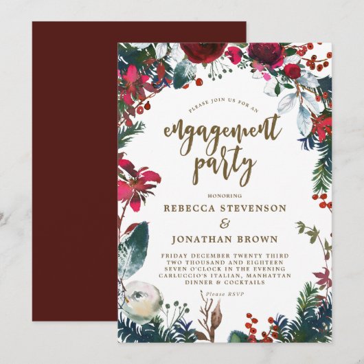 冬のホリデー 赤い婚約パーティーの招待状 招待状 (正面/裏面)