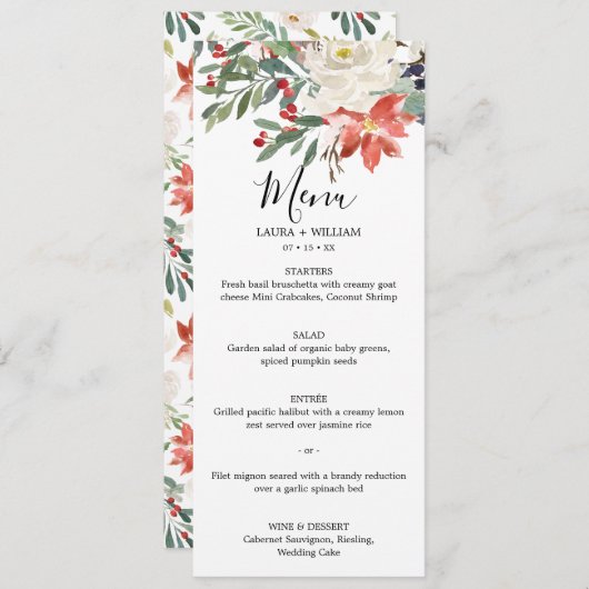 冬のホリーデコレーションと花のクリスマスディナー メニュー (正面/裏面)