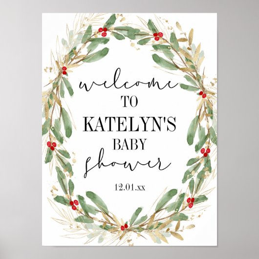 冬のホリー赤ちゃんシャワー歓迎サインクリスマス ポスター (正面)