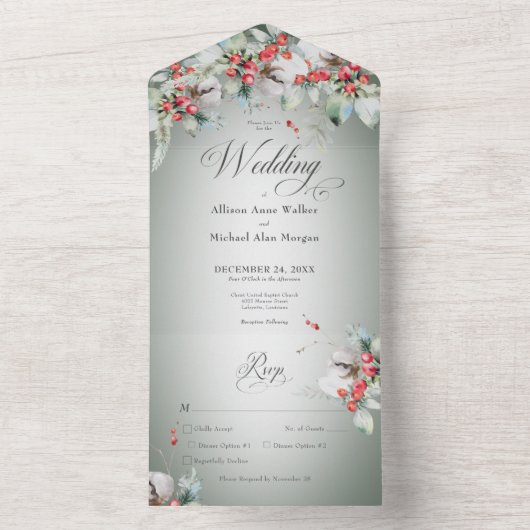 冬のホリ伝統的ー素朴リーベリーディナー オールインワン招待状 (内側)