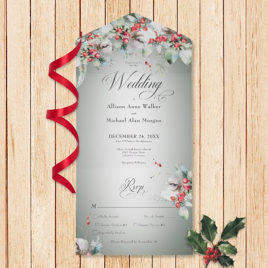 冬のホリ伝統的ー素朴リーベリーディナー オールインワン招待状