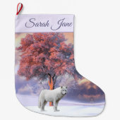 冬のホワイトウルフ |ピンクのクリスマスストッキング ラージクリスマスストッキング (正面)