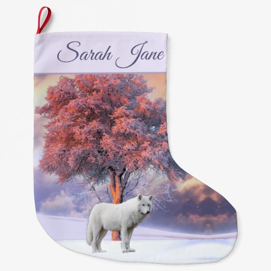 冬のホワイトウルフ |ピンクのクリスマスストッキング ラージクリスマスストッキング (正面)