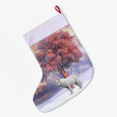 冬のホワイトウルフ |ピンクのクリスマスストッキング ラージクリスマスストッキング (裏面 (吊り時))