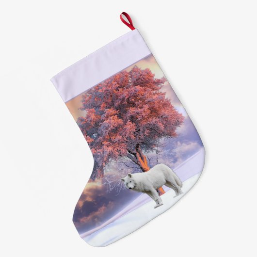 冬のホワイトウルフ |ピンクのクリスマスストッキング ラージクリスマスストッキング (裏面 (吊り時))