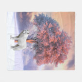 冬のホワイトウルフ |ピンク毛布 フリースブランケット (正面(横))